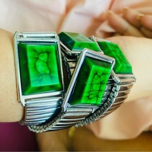 Rare Vintage Nephrite Green Jade Lucite Stretch Twist Flex Silver Metal Belt